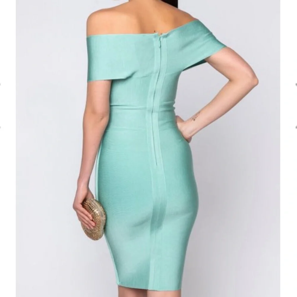 LIGHT GREEN OFF THE SHOULDER BANDAGE DRESS - Picture 3 of 4